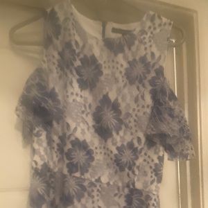 White and blue lace, cold-shoulder mini-dress